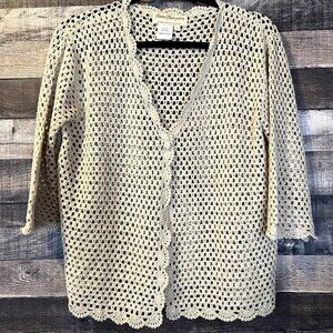 Vintage Cream Beige Linen Crochet Knit Cardigan Sweater L Cottagecore Boho